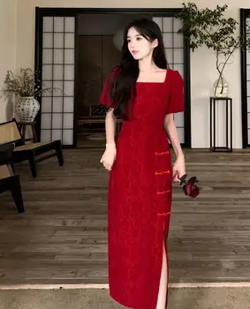 2023 Naujas Vasaros Mados Moterų Pagerėjo Cheongsam Suknelė Nuotaka Raudona Kinijos Bendradarbiavimą Suknelė