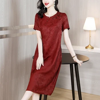2023 vasaros naują temperamento moteris Qipao jaunų naujas Kinijos siuvinėjimo šilkas šilkas mulberry šilko suknelė vasarai