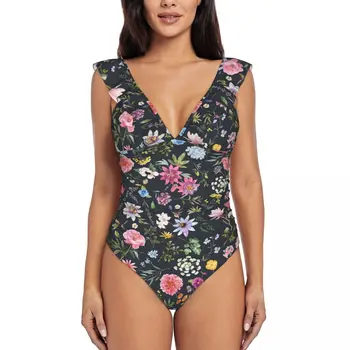 Gražus Vientisas Gėlių PatternFashion Moterų Bikini vientisi maudymosi Kostiumėliai Paplūdimio V Kaklo Maudymosi Kostiumas S
