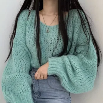 Korėjos Chic Stiliaus vientisa Spalva Storais Siūlais Megzti Megztinis Viršuje Moterų 2023 Rudenį Moterų ilgomis Rankovėmis Prarasti Atsitiktinis Megztinis