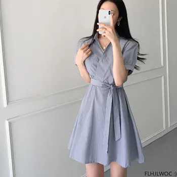 Korėjos Prašmatnus Dizainas Drabužių Mados 2023 Office Lady Vestidos Moterų Mielas Saldus Mergaičių V Kaklo Nėriniai-Up Mėlyna Dryžuotas Marškinėliai Suknelė