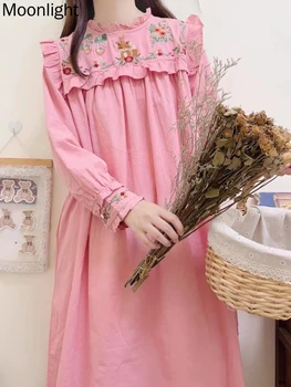 Mori Mergina Išsiuvinėti Ilgai Sleven Suknelės Moterims Japonijos Saldus Gryna Spalva Prarasti Suknelė Elegantiškas Nėrinių Kratinys Medvilnės Vestidos