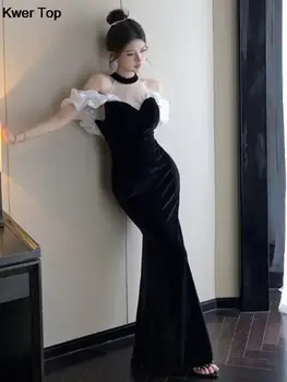 Moterų Elegantiškas Šalis Prom Juodo Aksomo Suknelė Prancūzų Stiliaus Seksualus Bodycon Akių Vestidos Pavasario Rudens Mados Moterų Drabužiai 2023
