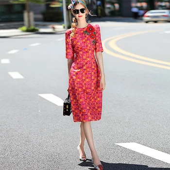 Naujas Aukštos Kokybės Dizaineris Milano Mados Pavasario Vasaros Moterų Šaliai, Derliaus Elegantiškas Prašmatnus Slim Unikalaus Siuvinėjimo Lipdukai Raudona Suknelė