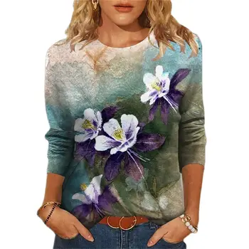 Naujas Mados Rudens-Žiemos Moterų ilgomis rankovėmis Megztinis 3d T-shirt Gėlių Harajuku Stiliaus Didelis Laisvas Megztinis