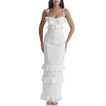 Nėriniai Ilgos Suknelės Baltos Žemų dažnių Spageti Dirželis Rankovių Aukštos Padalinta Ilgos Suknelės y2k Estetinės Suknelė Moterys Šalis Clubwear