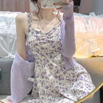 Suknelės Moterims Saldus korėjos Stiliaus Mergaičių Gėlėti Spagečiai Dirželiai Aukšto juosmens Vasaros Elastingumą Mini Vestdios Moterų Japonija Versija