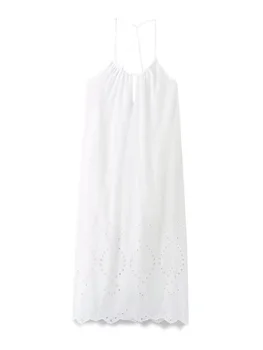 TRAF 2023 naujas vasaros moterų mados vaiskiai balta elegantiška siuvinėjimas tuščiaviduriai midi suknelė prancūzijos paprastas atostogų stiliaus suspender suknelė