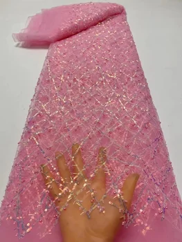 Vėliau Pink Afrikos Nėrinių Audinys, Aukštos Kokybės Blizgučiai Jaunikis Siuvinėjimo Moterų Vestuvės Dress Akių Zawalcowany Audinio 5 Metrų